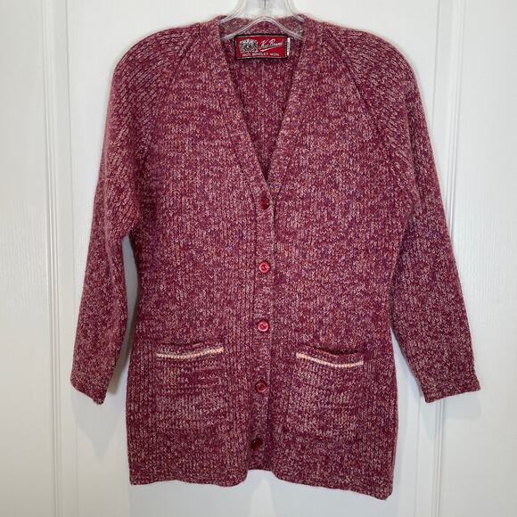 Vintage 80's Wool Cardigan Sweater Kas Brand Bouclet Raspberry Red w/ Pockets L - Picture 1 of 4